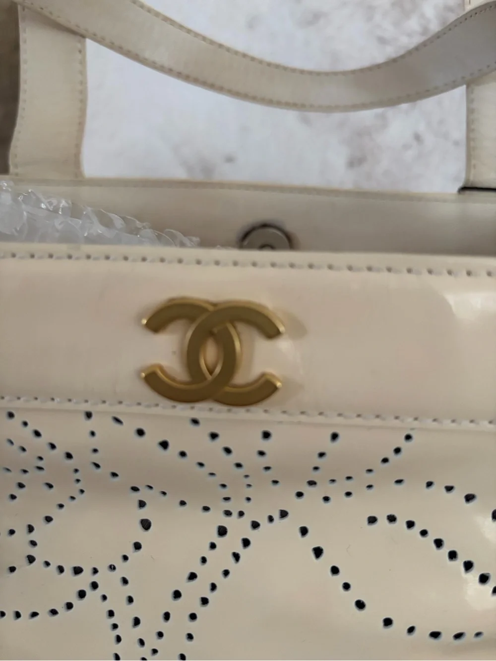 Chanel Small Beige Patent Leather Floral Perforated Tote